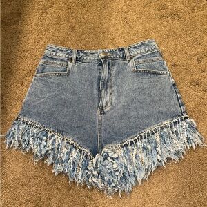 Main Strip Blue Fringe Jean Shorts